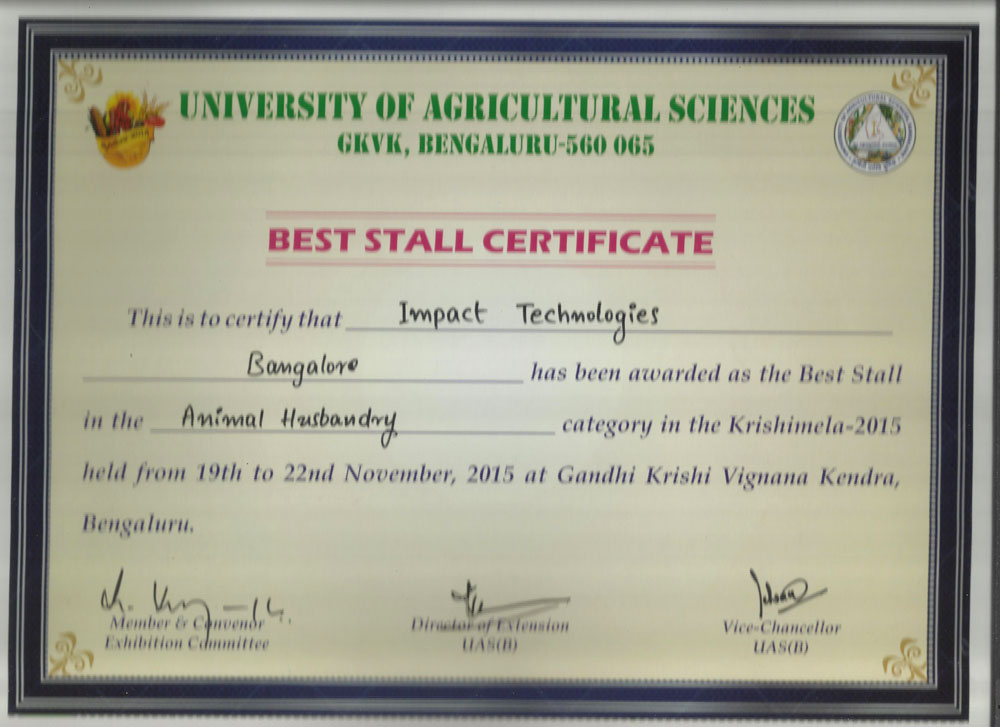 Won Award for the best stall in Animal Husbandry GKVK State level Agriculture Exhibition in NOV-2015 (KRISHI MELA)